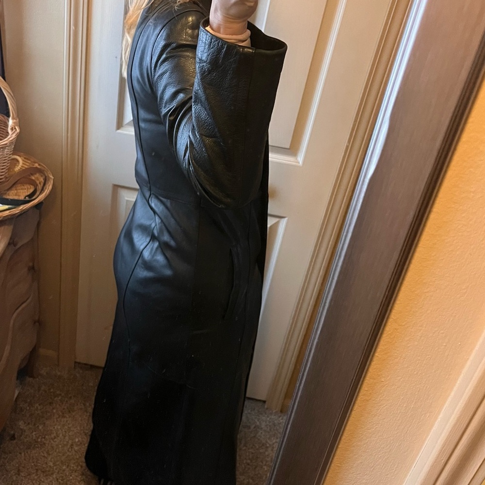 Vintage WINLIT New York Full-Length Black Genuine Leather Trench Coat – Size M - Picture 2 of 14
